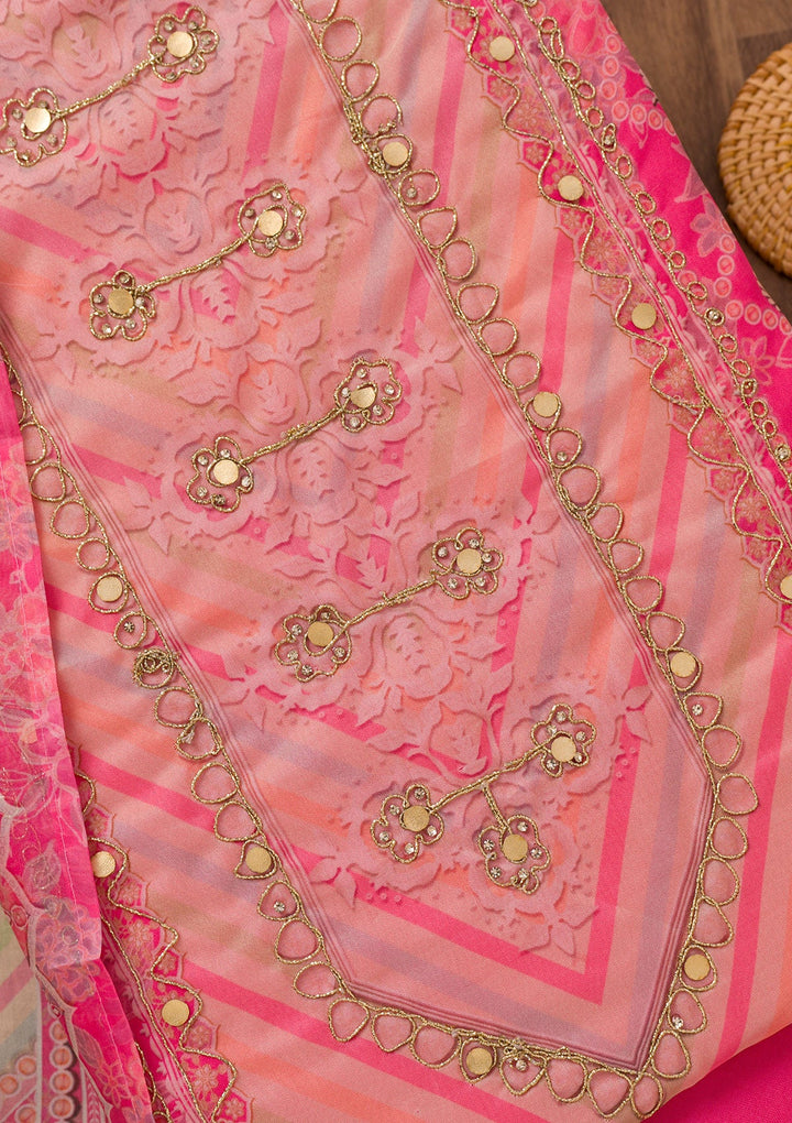 Pink Printed Chanderi Unstitched Salwar Suit-Koskii