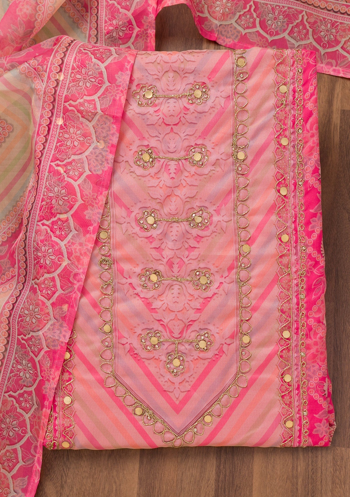 Pink Printed Chanderi Unstitched Salwar Suit-Koskii