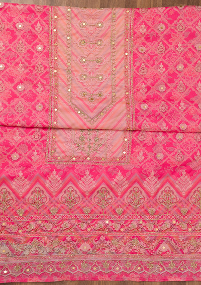 Pink Printed Chanderi Unstitched Salwar Suit-Koskii