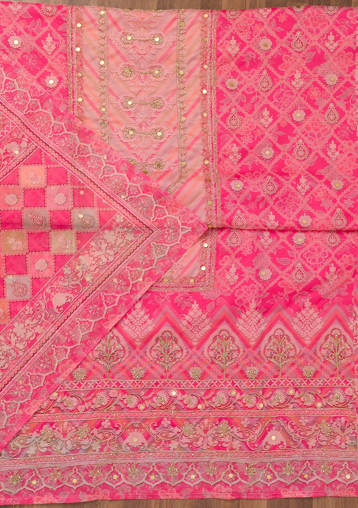 Pink Printed Chanderi Unstitched Salwar Suit-Koskii