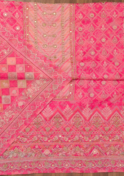 Pink Printed Chanderi Unstitched Salwar Suit-Koskii