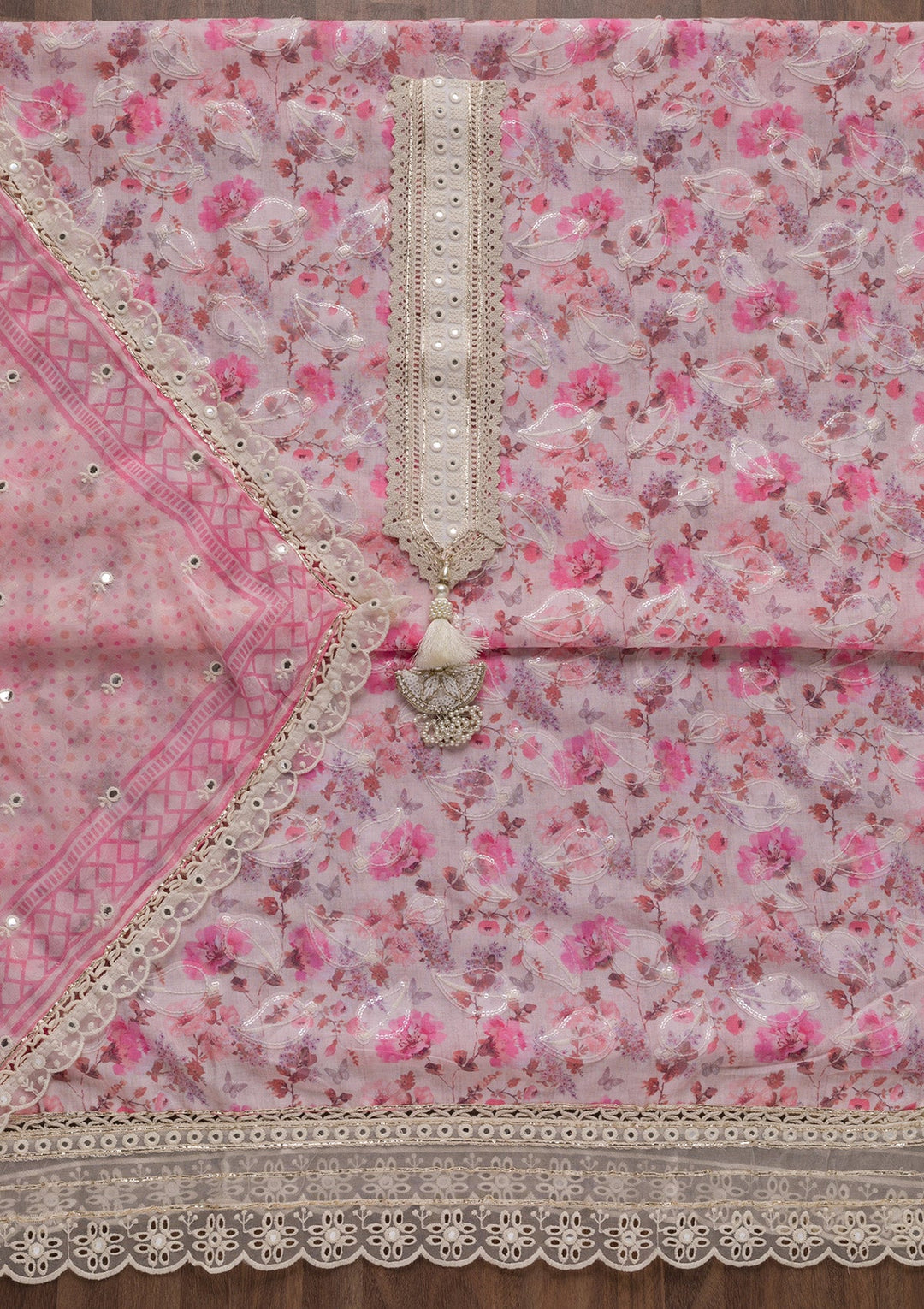 Pink Printed Cotton Unstitched Salwar Suit-Koskii