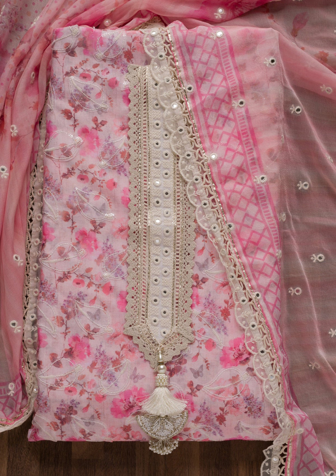 Pink Printed Cotton Unstitched Salwar Suit-Koskii