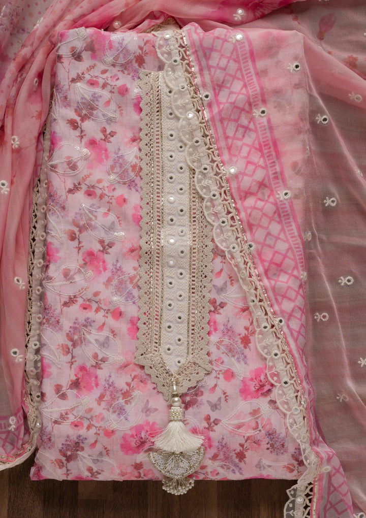 Pink Printed Cotton Unstitched Salwar Suit-Koskii