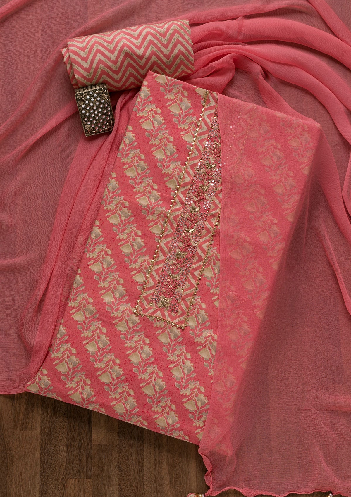 Pink Printed Cotton Unstitched Salwar Suit-Koskii