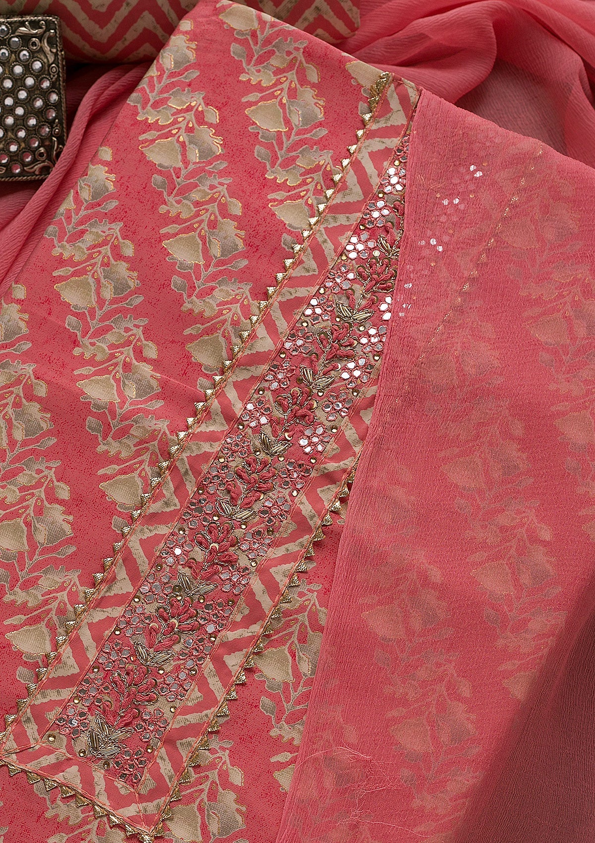 Pink Printed Cotton Unstitched Salwar Suit-Koskii