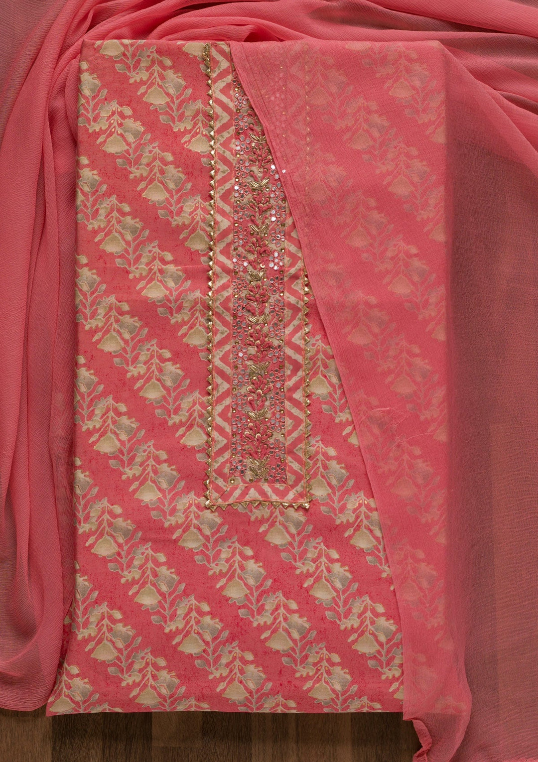 Pink Printed Cotton Unstitched Salwar Suit-Koskii