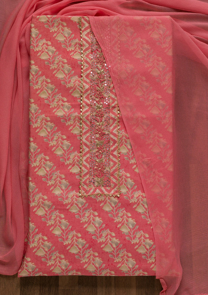 Pink Printed Cotton Unstitched Salwar Suit-Koskii