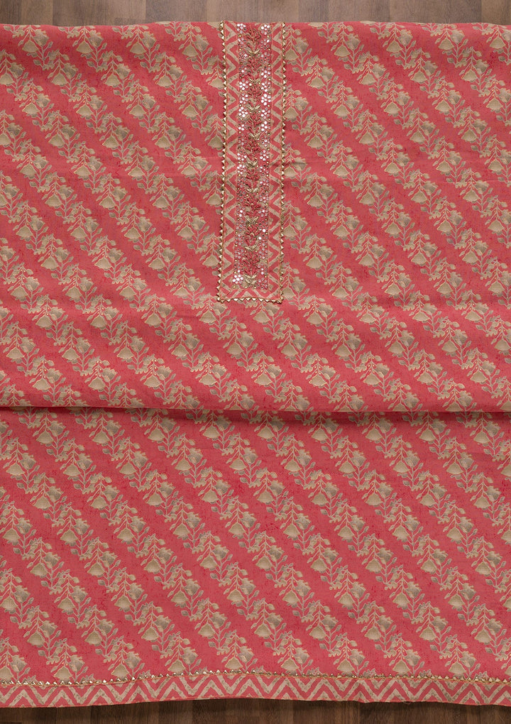 Pink Printed Cotton Unstitched Salwar Suit-Koskii