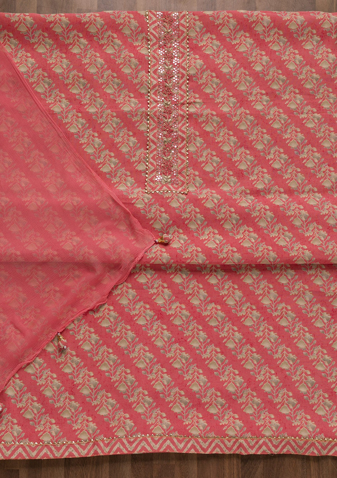 Pink Printed Cotton Unstitched Salwar Suit-Koskii