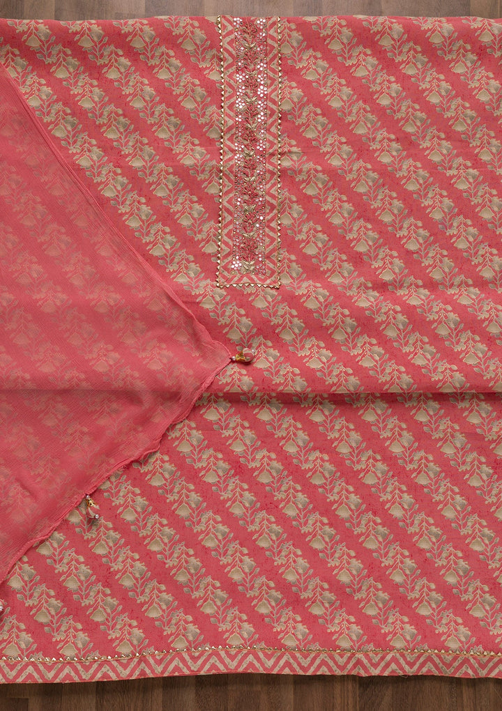 Pink Printed Cotton Unstitched Salwar Suit-Koskii