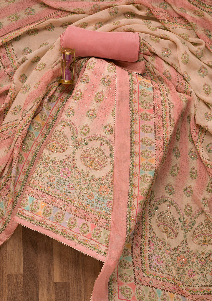 Pink Printed Crepe Unstitched Salwar Suit-Koskii