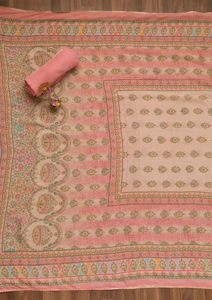 Pink Printed Crepe Unstitched Salwar Suit-Koskii