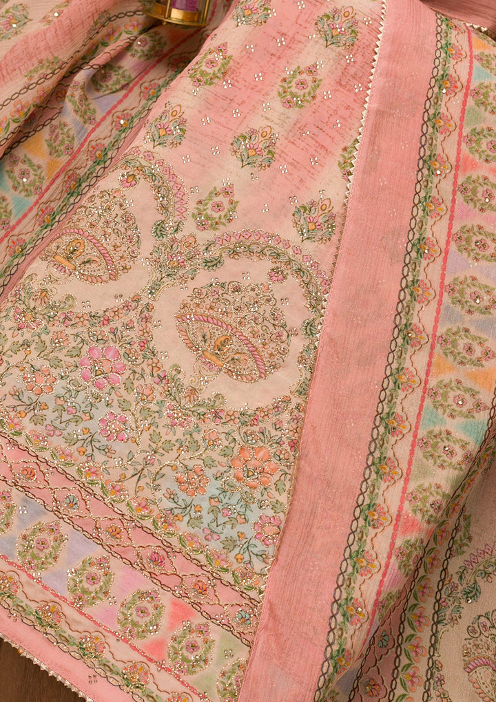 Pink Printed Crepe Unstitched Salwar Suit-Koskii