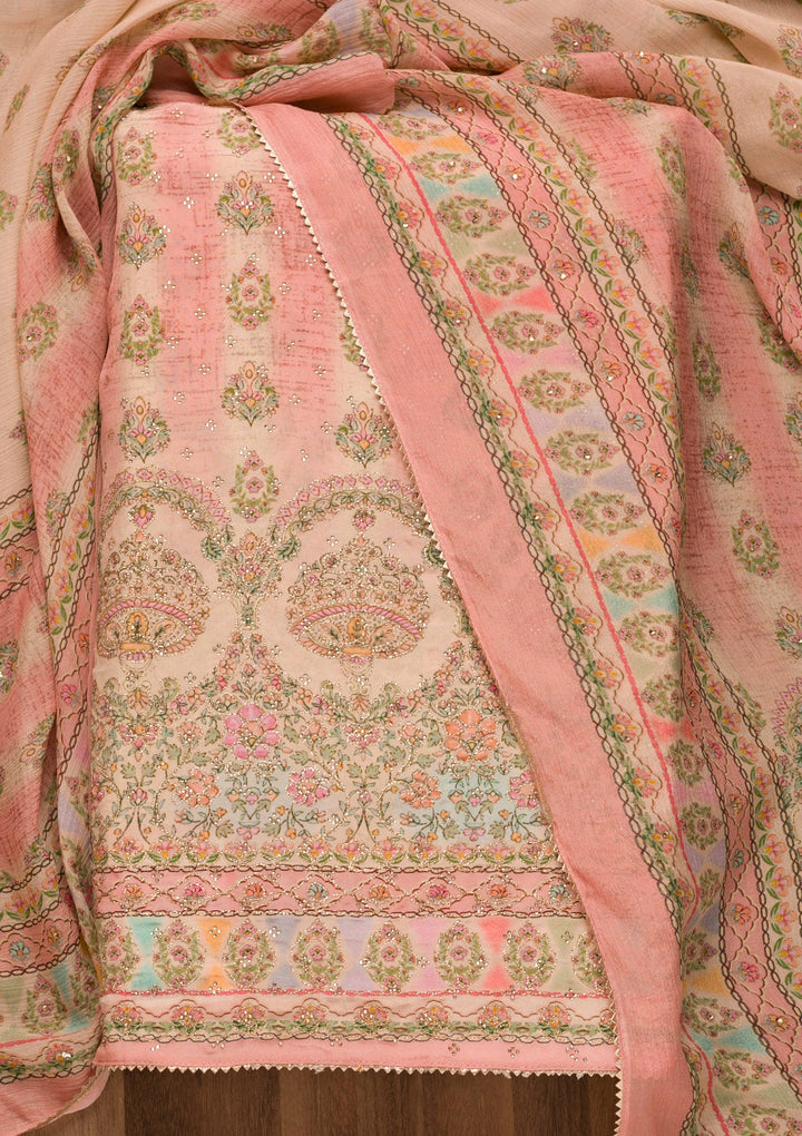 Pink Printed Crepe Unstitched Salwar Suit-Koskii
