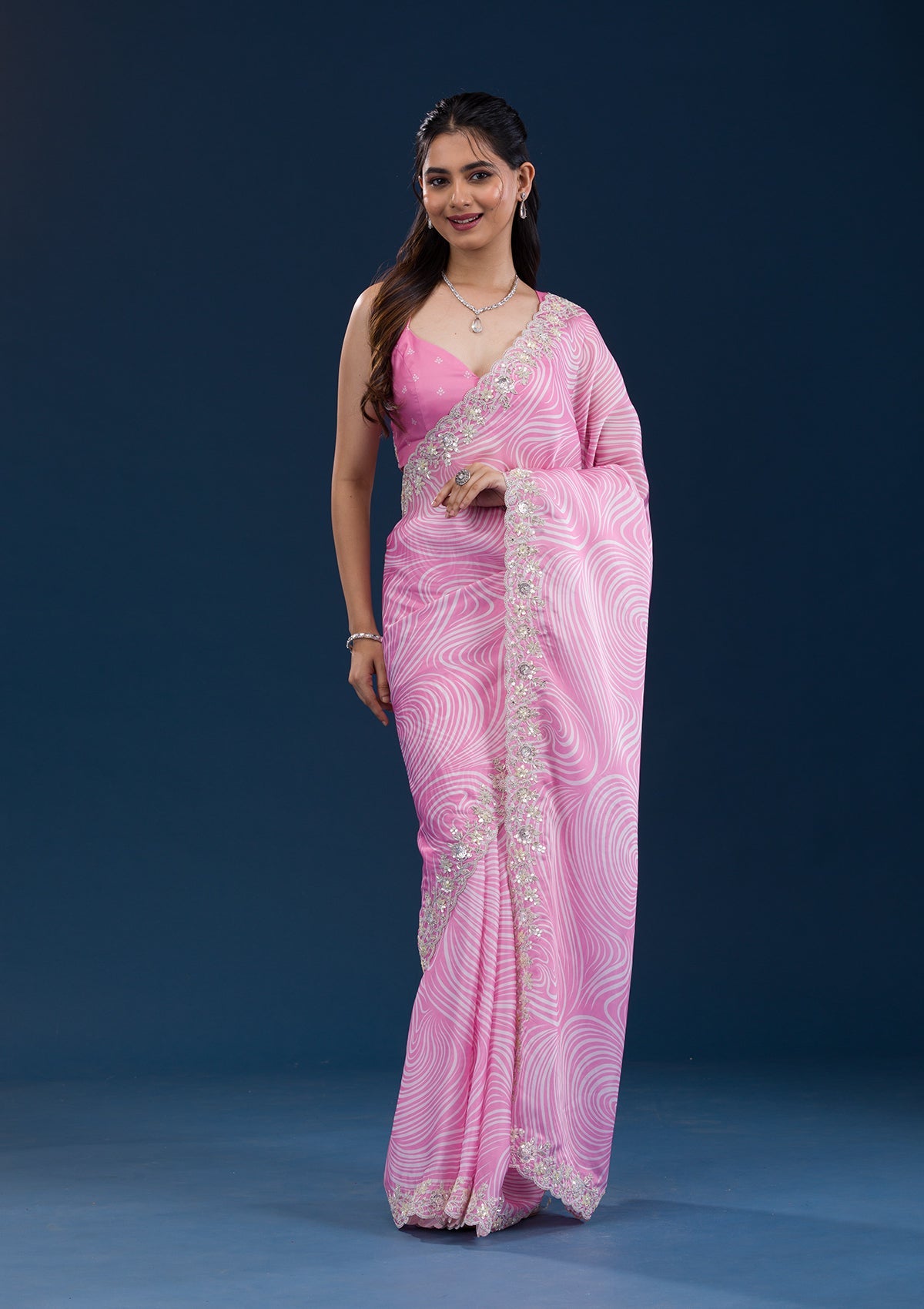 Pink Printed Georgette Saree-Koskii