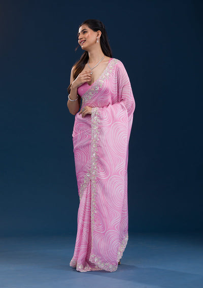 Pink Printed Georgette Saree-Koskii