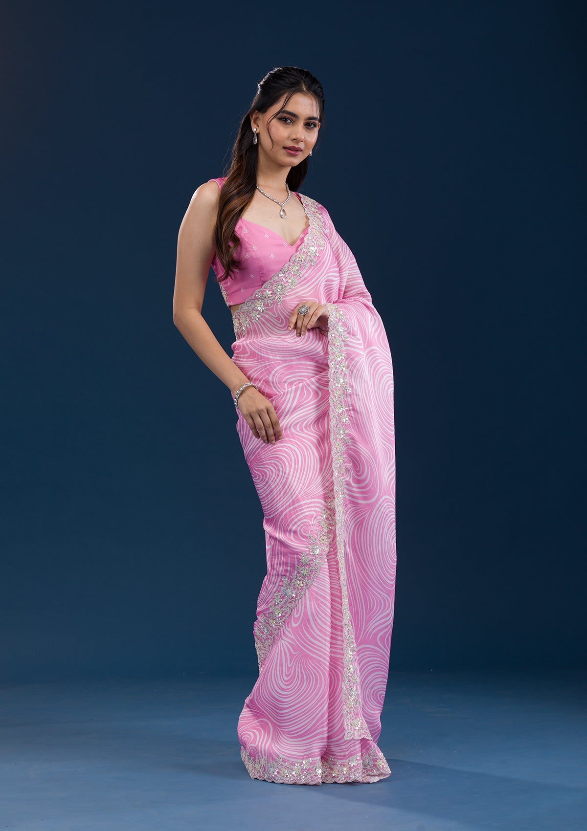 Pink Printed Georgette Saree-Koskii