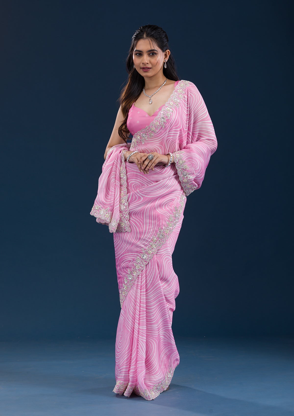 Pink Printed Georgette Saree-Koskii