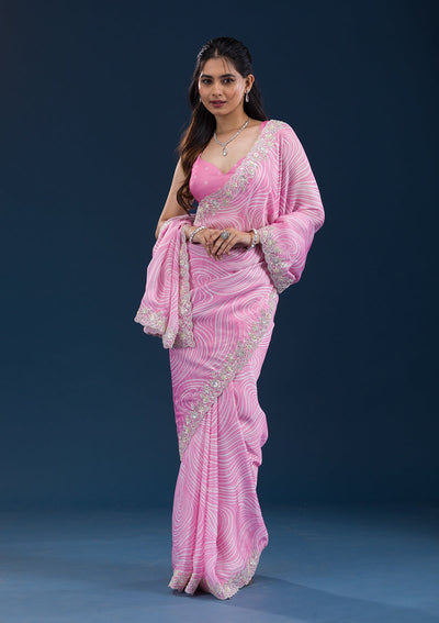 Pink Printed Georgette Saree-Koskii