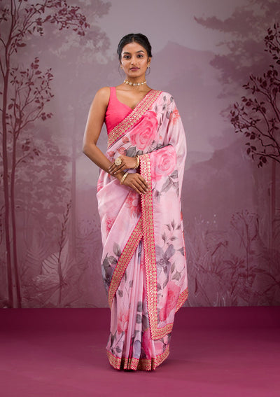 Pink Printed Georgette Saree-Koskii