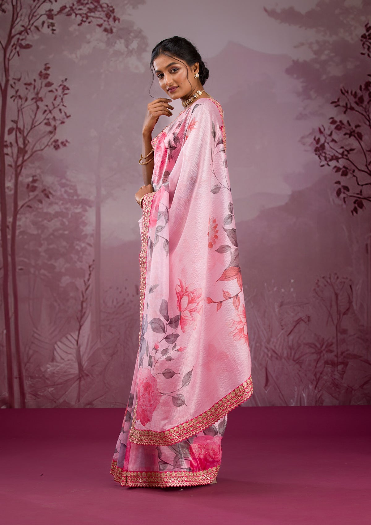 Pink Printed Georgette Saree-Koskii