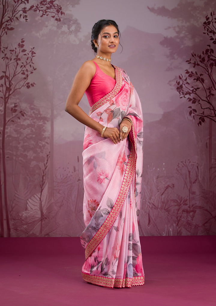 Pink Printed Georgette Saree-Koskii