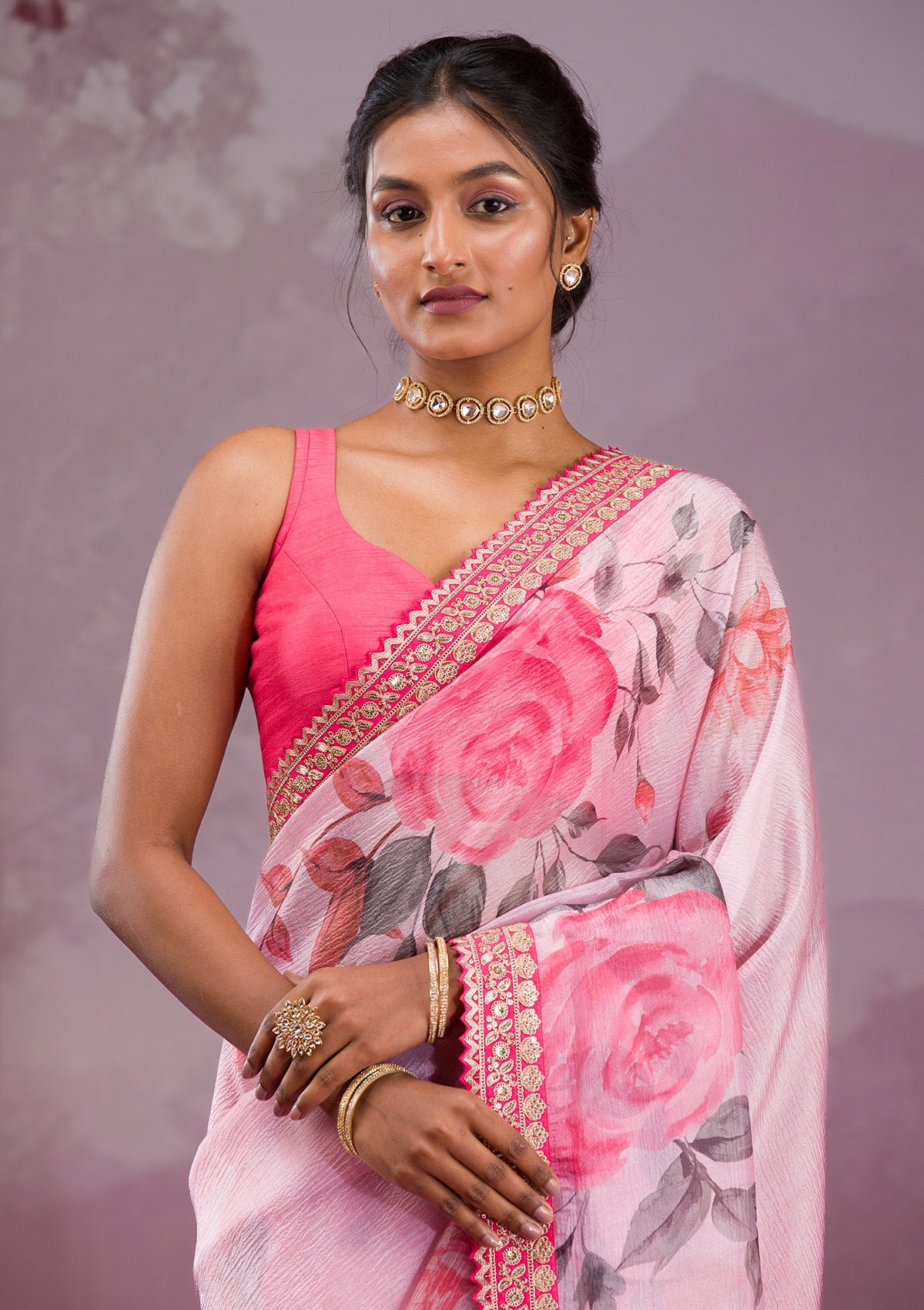 Pink Printed Georgette Saree-Koskii