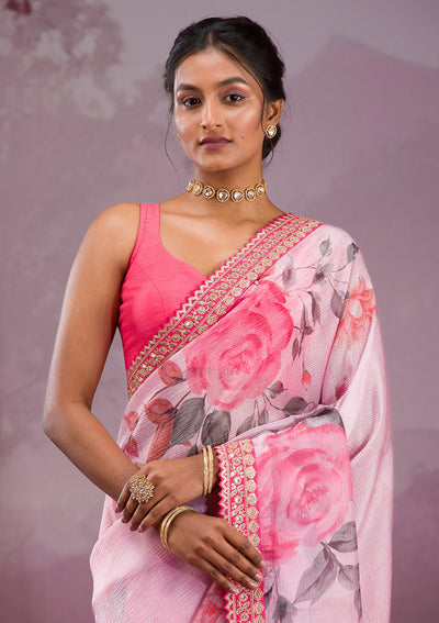 Pink Printed Georgette Saree-Koskii