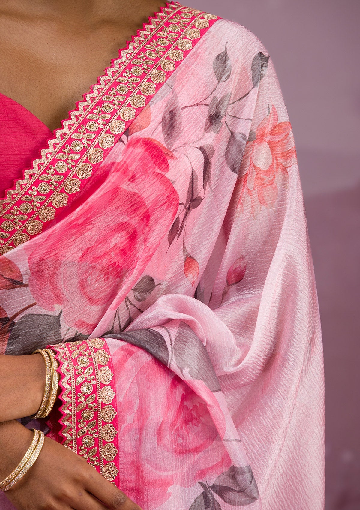 Pink Printed Georgette Saree-Koskii