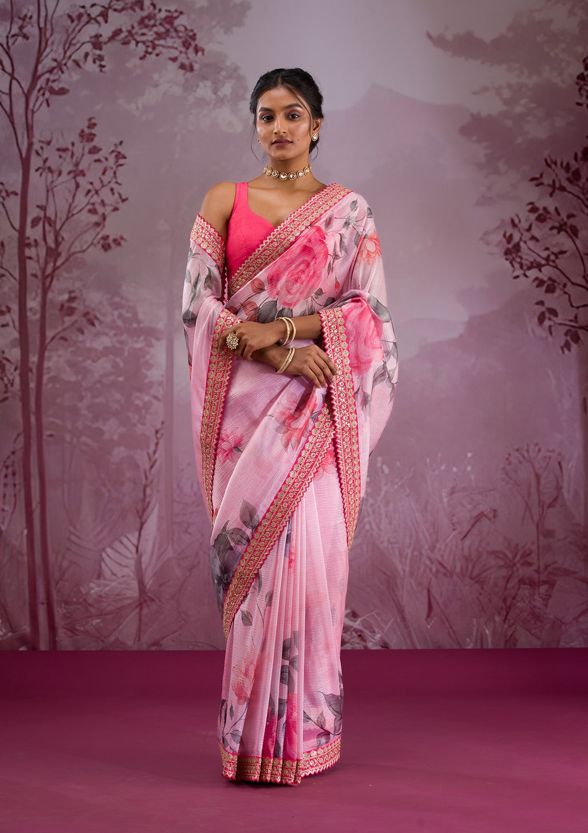 Pink Printed Georgette Saree-Koskii