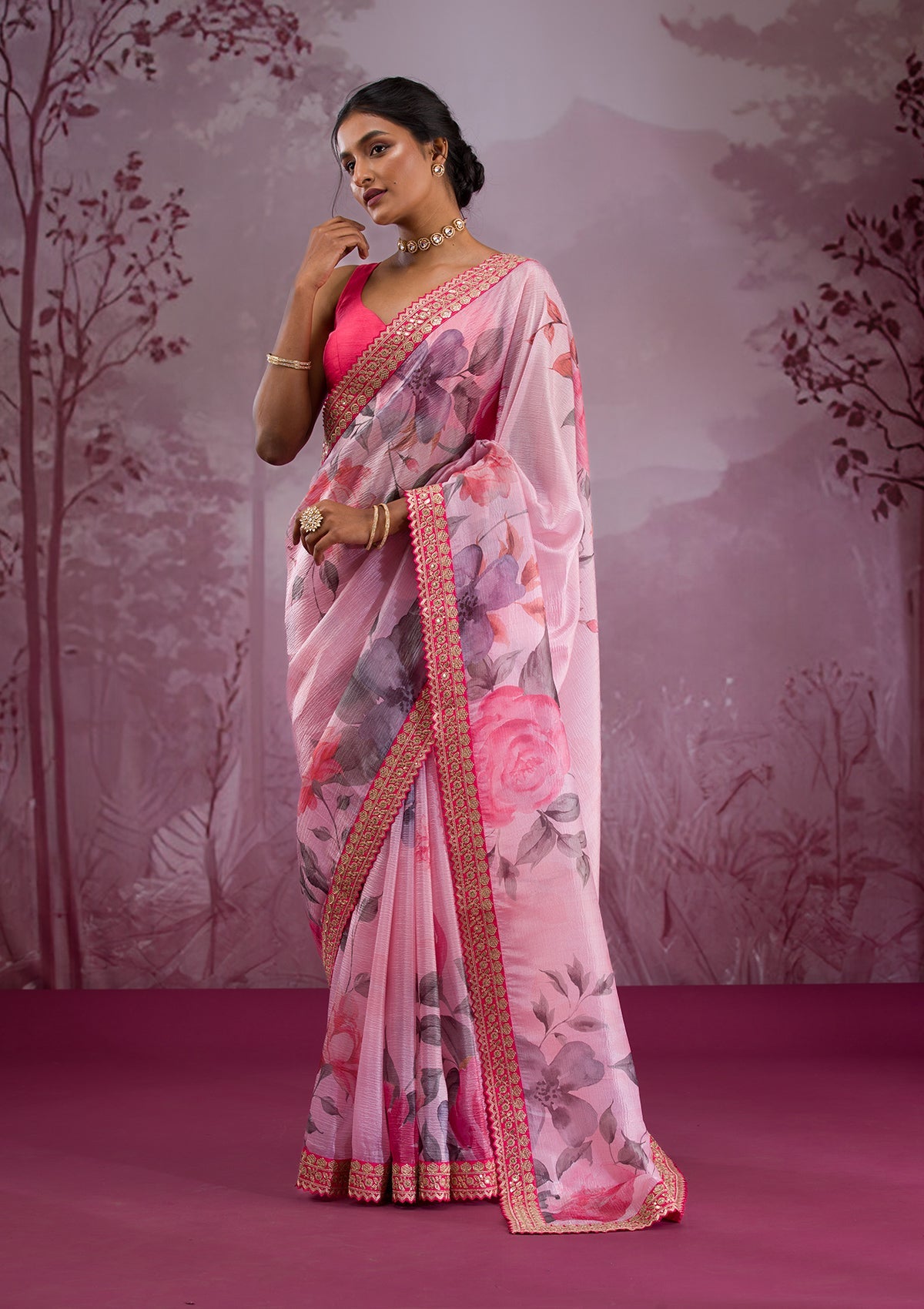 Pink Printed Georgette Saree-Koskii