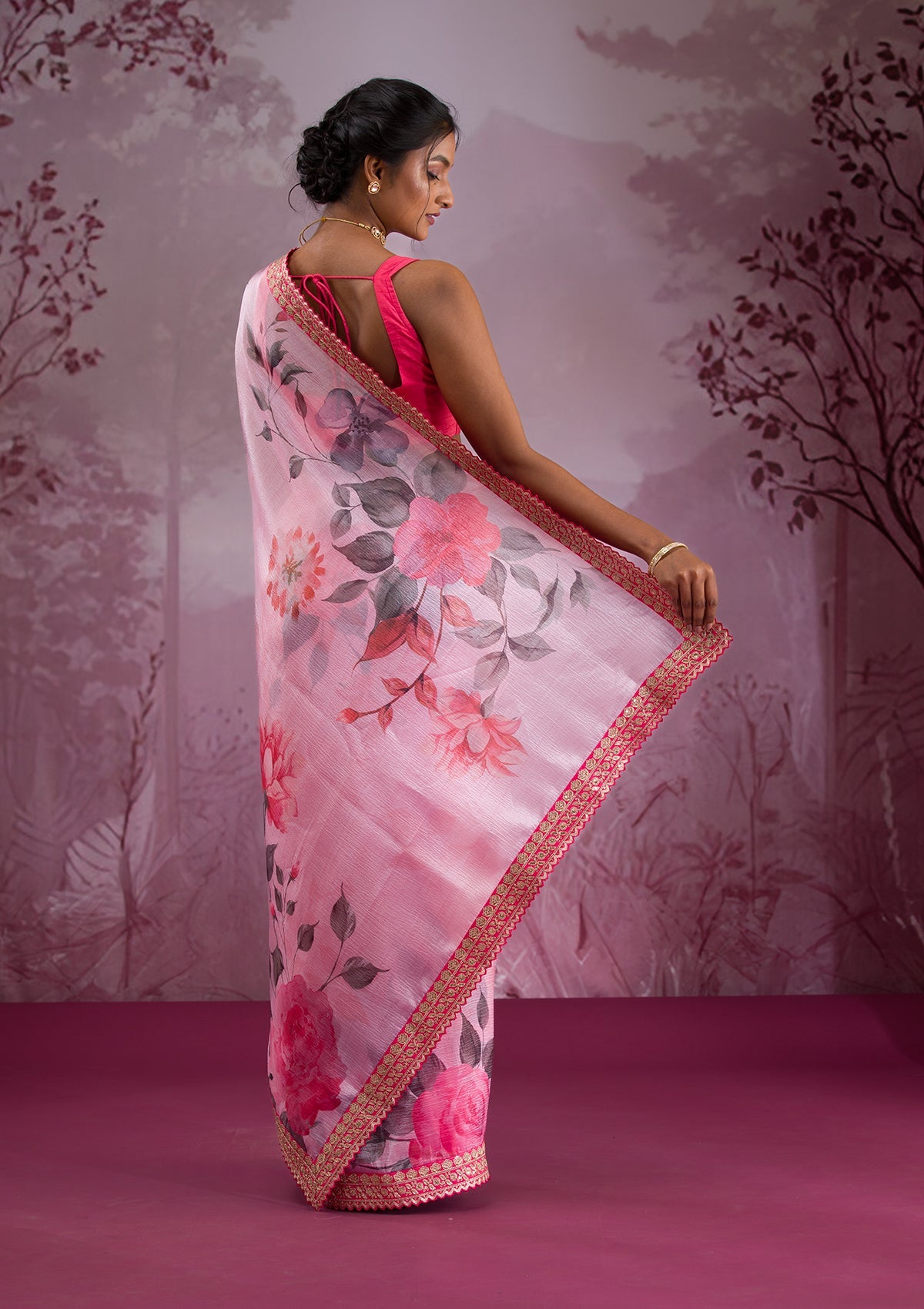 Pink Printed Georgette Saree-Koskii