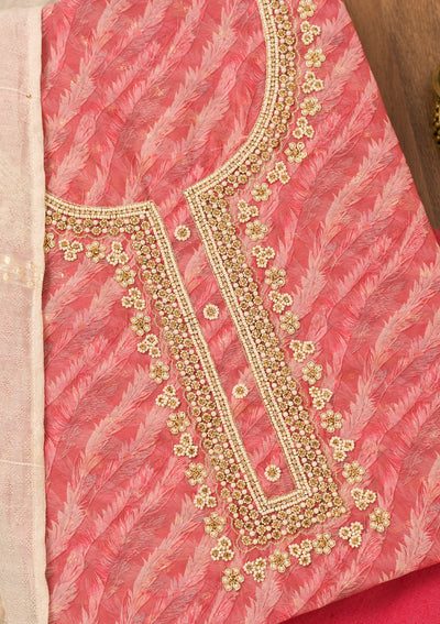 Pink Printed Organza Unstitched Salwar Suit-Koskii