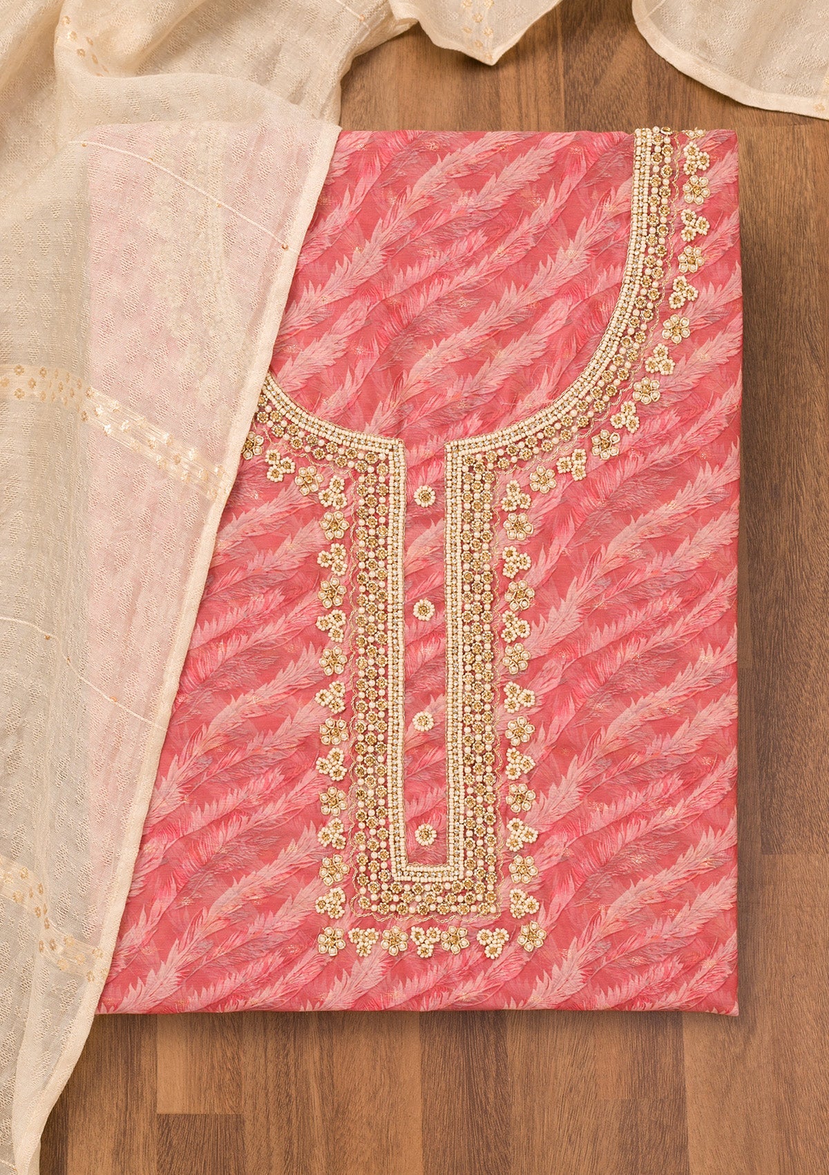 Pink Printed Organza Unstitched Salwar Suit-Koskii