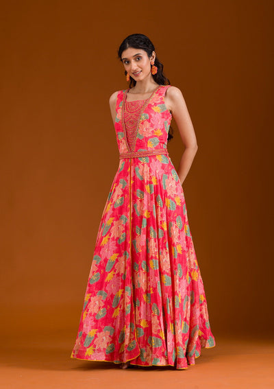 Pink Printed Printed Readymade Salwar Suit-Koskii