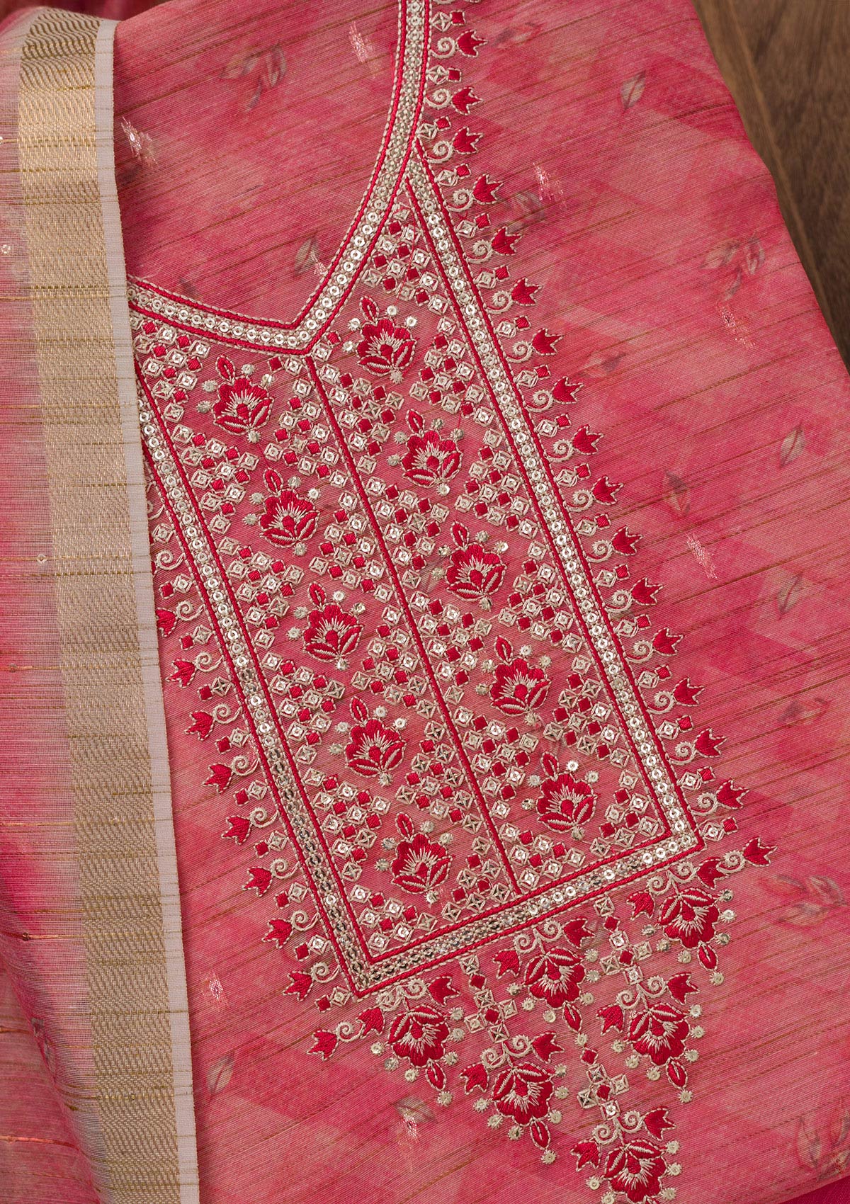 Pink Printed Raw Silk Unstitched Salwar Suit-Koskii