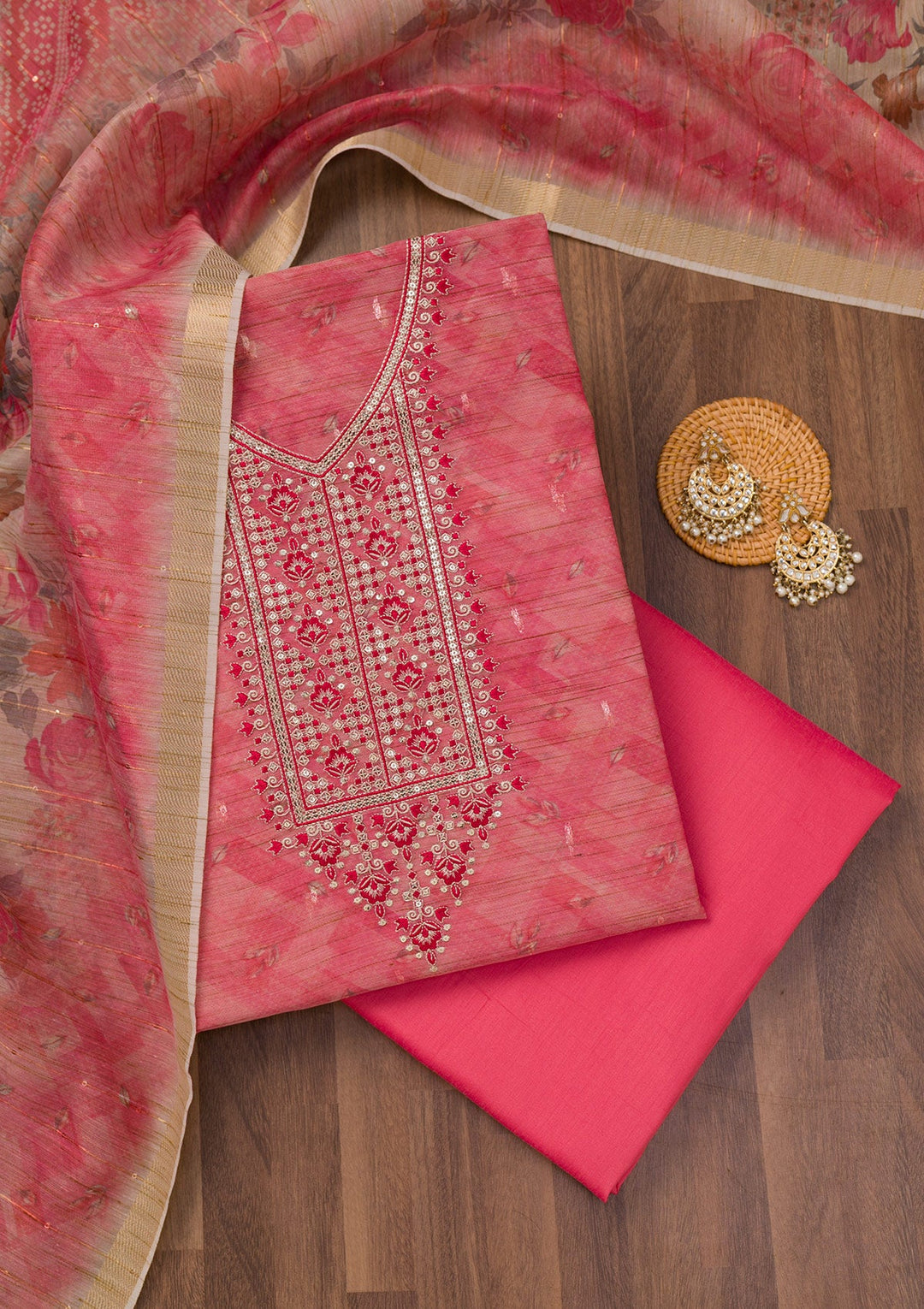 Pink Printed Raw Silk Unstitched Salwar Suit-Koskii