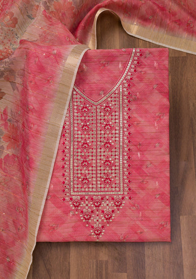 Pink Printed Raw Silk Unstitched Salwar Suit-Koskii