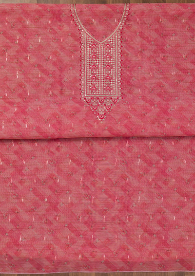 Pink Printed Raw Silk Unstitched Salwar Suit-Koskii