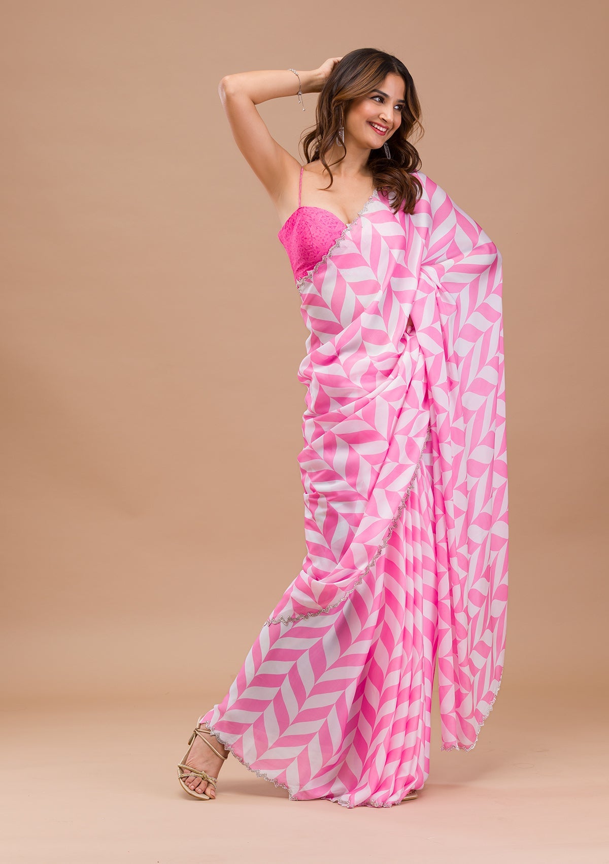 Pink Printed Satin Saree-Koskii