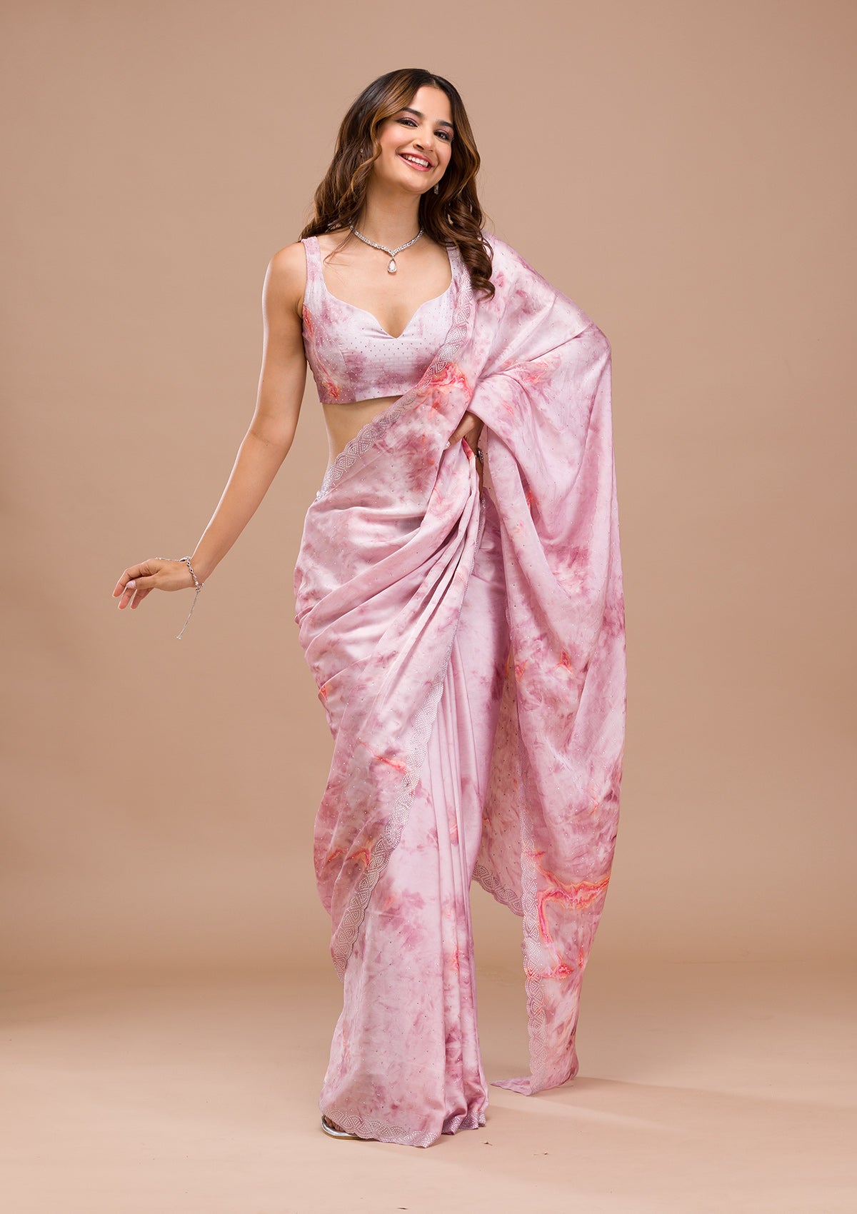 Pink Printed Satin Saree-Koskii