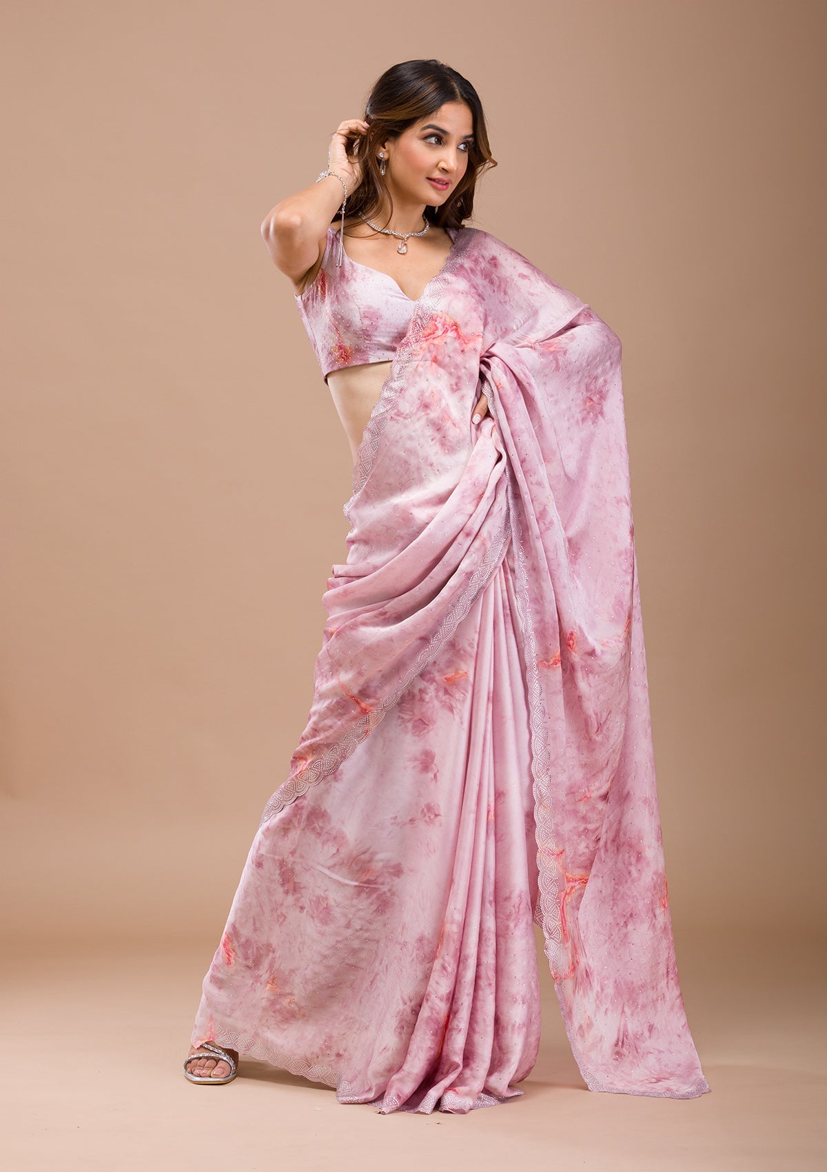 Pink Printed Satin Saree-Koskii