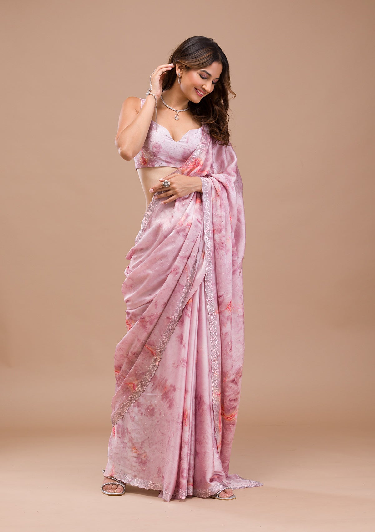 Pink Printed Satin Saree-Koskii