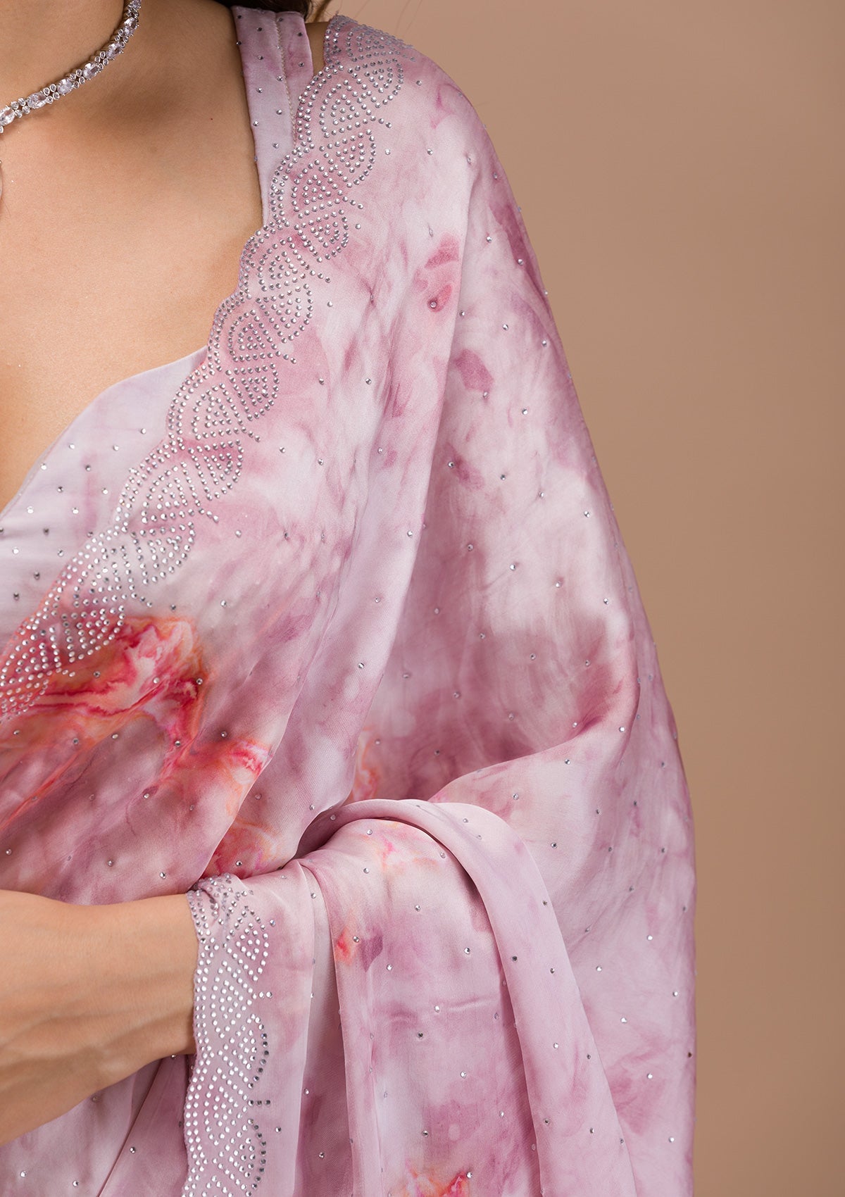 Pink Printed Satin Saree-Koskii