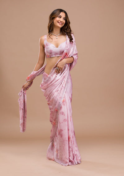 Pink Printed Satin Saree-Koskii