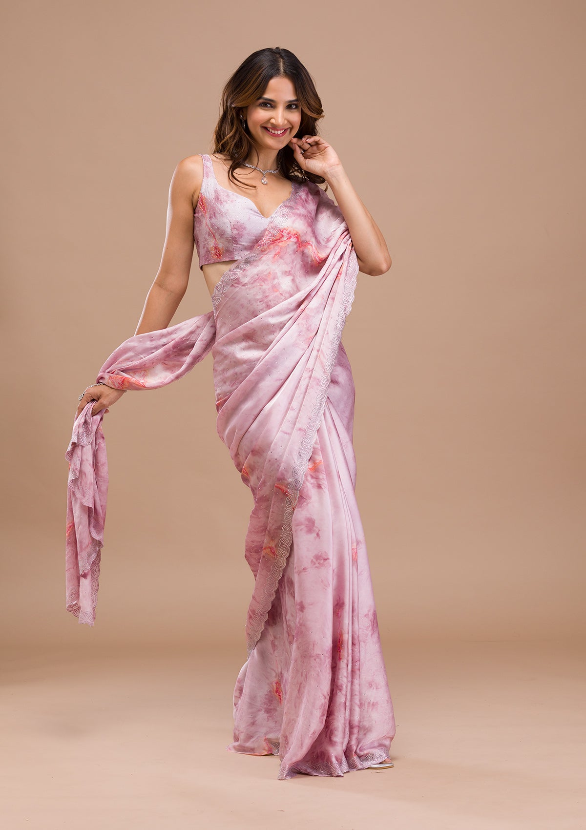 Pink Printed Satin Saree-Koskii