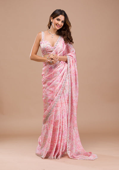 Pink Printed Satin Saree-Koskii