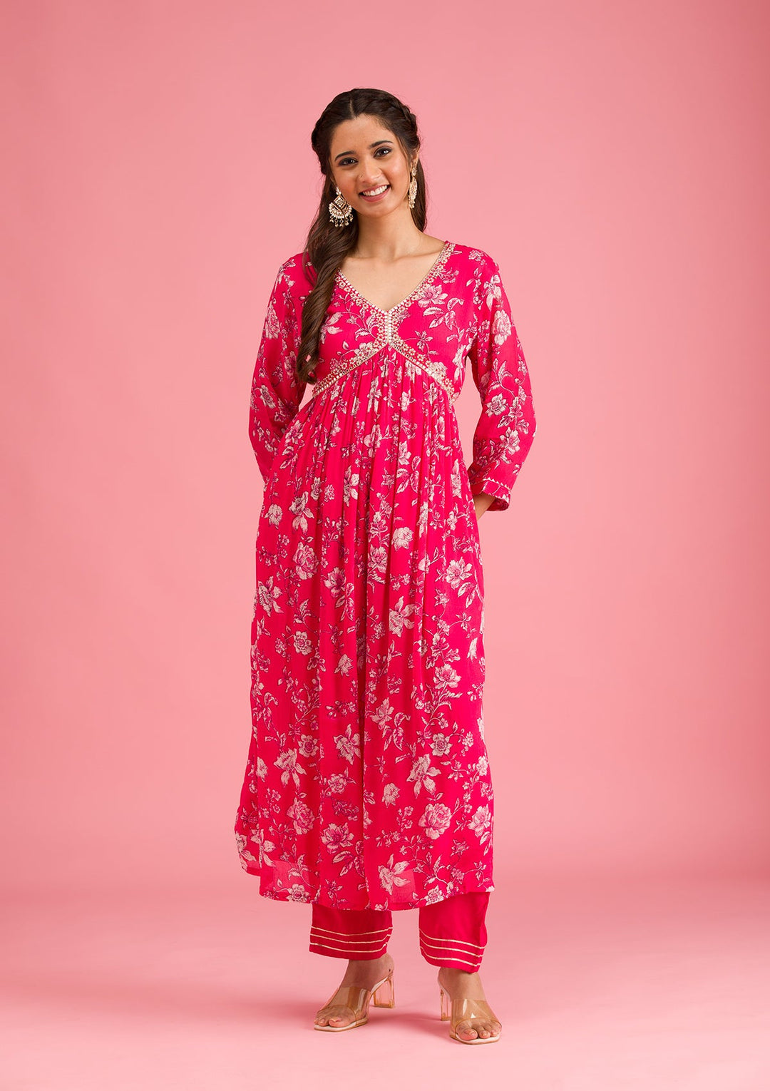 Pink Printed Semi Crepe Readymade Salwar Suit-Koskii