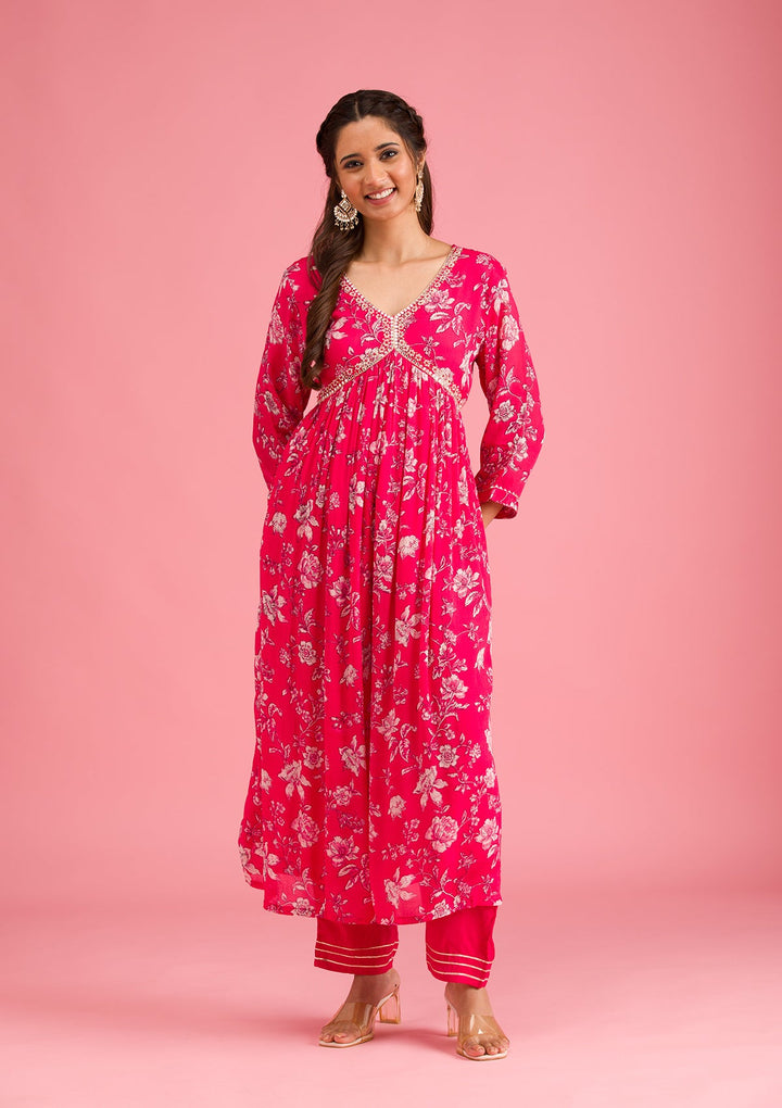 Pink Printed Semi Crepe Readymade Salwar Suit-Koskii